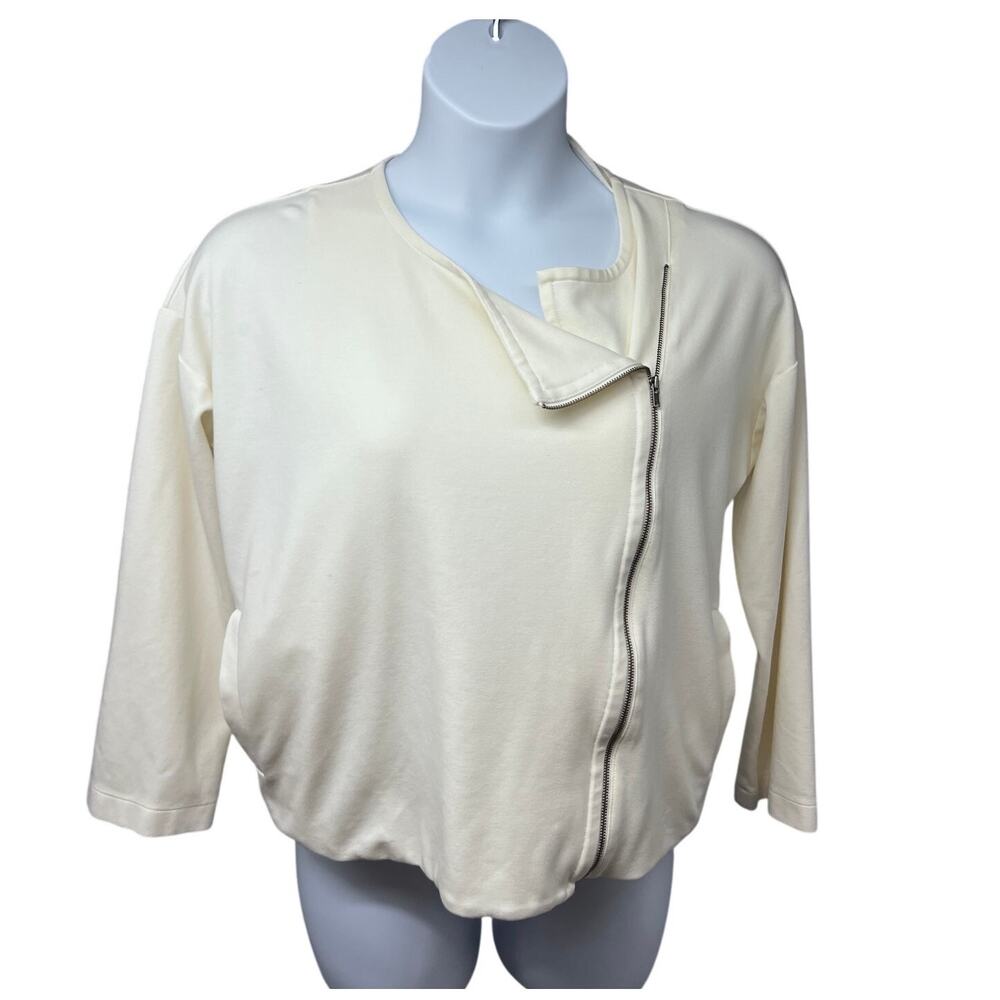 Eileen Fisher Flex Tencel Ponte Ivory Zip Up Jacket Shirt Top Medium Pockets